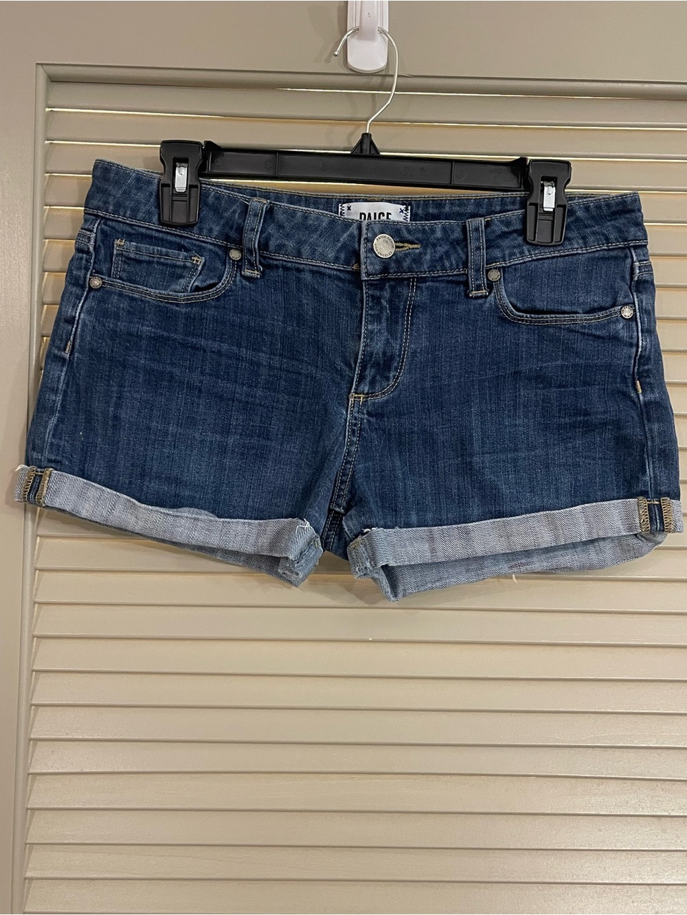 PAIGE Mid Rise Dark Blue Cuffed Denim Shorts